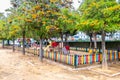 Huelva, Spain - May 5, 2020: Empty and closed children playground at sunset due to the alarm state and quarantine in Spain for the Royalty Free Stock Photo