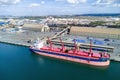 Aerial drone view of CL FUZHOU HE, a Bulk Carrier that was built in 2021and is sailing under the