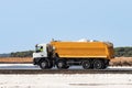 Huelva, Spain - October 1, 2020: Truck loaded with marine salt in nature reserve Marismas del Odiel. Traditional Sea salt