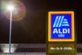 Huerth, NRW, Germany, 12 05 2020, night shot of retail market logo from ALDI South