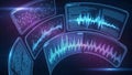 Hues highlight waveforms graphs and text. Each screen displays Royalty Free Stock Photo