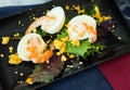 Huevos mimosa con gambas, eggs with prawns and salad
