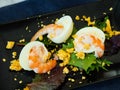 Huevos mimosa con gambas, eggs with prawns and salad