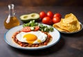 huevos rancheros with fried eggs, beans and tomatoes on a plate with tortilla chips