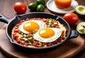 huevos rancheros with fried eggs in a skillet with tomatoes and avocado