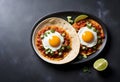 huevos rancheros with fried eggs on a tortilla with salsa and cilantro on a black background