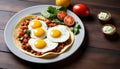 huevos rancheros mexican breakfast with eggs and tomatoes on a plate