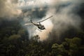 huey helicopter flying low over rainforest, with smoke billowing from its engines