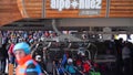 HUEZ, FRANCE - FEBRUARY 29, 2024. Crowded ski lift station, high skiing season in in Alpe d'Huez