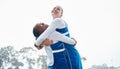 Hug celebration, sports success or team support in netball training game or match with goals on court. Teamwork, fitness Royalty Free Stock Photo