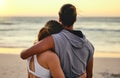 Hug, fitness and back of couple at the beach for sunset training, exercise and workout with a view. Peace, gratitude and