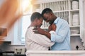 Hug, happy and a mature black couple in the kitchen with care, love and quality time in the morning. Happy, together and Royalty Free Stock Photo