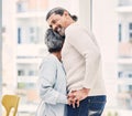 Hug, holding hands or old couple dancing in living room for love, care or joy bonding together at home. Happy, elderly Royalty Free Stock Photo