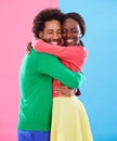 Hug, love and black couple with marriage, excited and romance on colourful studio background. Relationship, embrace and Royalty Free Stock Photo