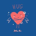 Hug Me greeting card with cute cartoon heart. Valentine Day Love poster concept. Kissing smiling character