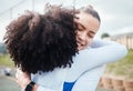 Hug, success or team support in netball training game or match in goals celebration on sports court. Teamwork, fitness Royalty Free Stock Photo