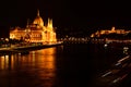 The Hugarian Parliament in Budapest and the Royal castle at night Royalty Free Stock Photo