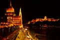 The Hugarian Parliament in Budapest and the Royal castle at night Royalty Free Stock Photo