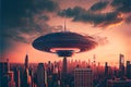 Huge Alien UFO spaceship above a modern city flying saucer Royalty Free Stock Photo