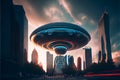 Huge Alien UFO spaceship above a modern city flying saucer Royalty Free Stock Photo