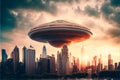 Huge Alien UFO spaceship above a modern city flying saucer