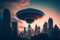 Huge Alien UFO spaceship above a modern city flying saucer