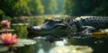 Huge alligator basks, sunlight filters through water lilies , swamp, rest Royalty Free Stock Photo