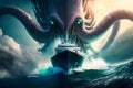 Huge angry grinning scary squid rising up attacks a modern liner ship in the ocean sea. Generative AI