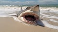 Huge angry shark on the seashore.