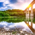Huge arch bridge built over Dnister river in Ukraine. Royalty Free Stock Photo