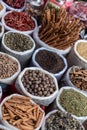 Huge assortment of spices and condiments at colorful Goa market in India. Sweet and burning additives selling.