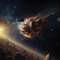 A huge asteroid flying in space