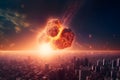 Huge asteroid hitting a city on planet Earth, sci-fi fantasy closeup, generative AI.