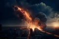 Huge asteroid hitting a city on planet Earth, sci-fi fantasy closeup, generative AI.