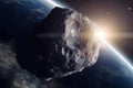 Huge asteroid in space image threatening planet earth, sci-fi fantasy closeup, generative AI. Royalty Free Stock Photo