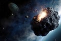 Huge asteroid in space image threatening planet earth, sci-fi fantasy closeup, generative AI. Royalty Free Stock Photo