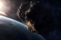 Huge asteroid in space image threatening planet earth, sci-fi fantasy closeup, generative AI. Royalty Free Stock Photo