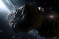 Huge asteroid in space image threatening planet earth, sci-fi fantasy closeup, generative AI. Royalty Free Stock Photo