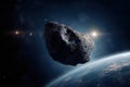 Huge asteroid in space image threatening planet earth, sci-fi fantasy closeup, generative AI. Royalty Free Stock Photo