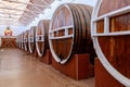 Huge barrels for aging elite alcohol. Illustrative editorial. October 1, 2021 Beltsy Moldova