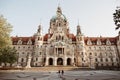 The huge and beautiful building of the Hanover City Hall Neues Rathaus Hannover in the evening light