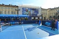 Huge billboard and fan village in main square welcome the oncoming Nitto ATP finals tournament Turin Italy