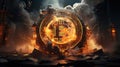 A Huge Bitcoin on the Street Road With Fire and Smoke Dust Fantasy Background