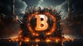 A Huge Bitcoin on the Street Road With Fire and Smoke Dust Fantasy Background