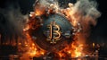 A Huge Bitcoin on the Street Road With Fire and Smoke Dust Fantasy Background