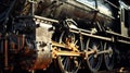 Huge black metal gear train wheel structure on the old steam engine train locomotive close up Royalty Free Stock Photo