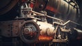 Huge black metal gear train wheel structure on the old steam engine train locomotive close up Royalty Free Stock Photo