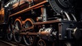 Huge black metal gear train wheel structure on the old steam engine train locomotive close up Royalty Free Stock Photo