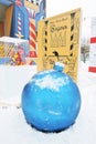 Huge blue new year ball. New Year decoration in the Gorky park in Moscow.