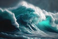 Huge blue ocean waves crashing at sunset during large swell in heavy storm wallpaper background. Seascape and disaster of nature